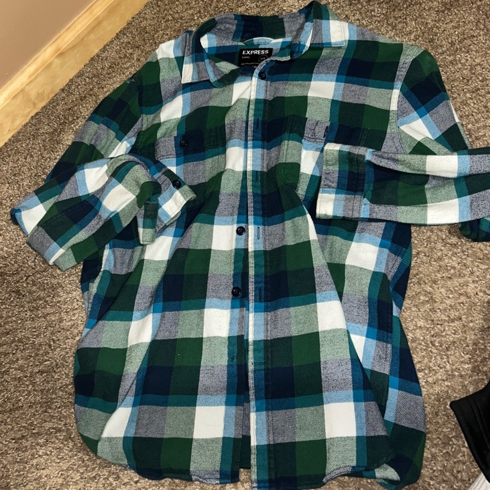 Express Men's Blue and Green Plaid Shirt